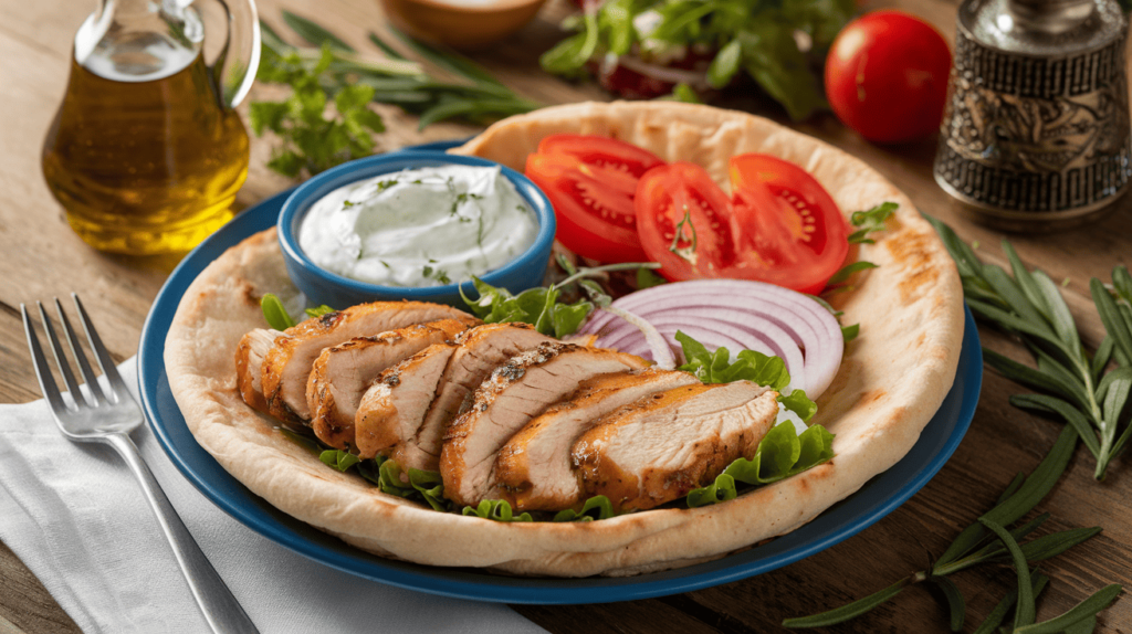 Authentisches Hähnchengyros serviert mit gegrilltem Hähnchenfleisch, frischem Pita-Brot, Tzatziki, Tomaten und griechischem Salat, perfekt angerichtet auf einem rustikalen Holztisch.