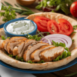 Authentisches Hähnchengyros serviert mit gegrilltem Hähnchenfleisch, frischem Pita-Brot, Tzatziki, Tomaten und griechischem Salat, perfekt angerichtet auf einem rustikalen Holztisch.
