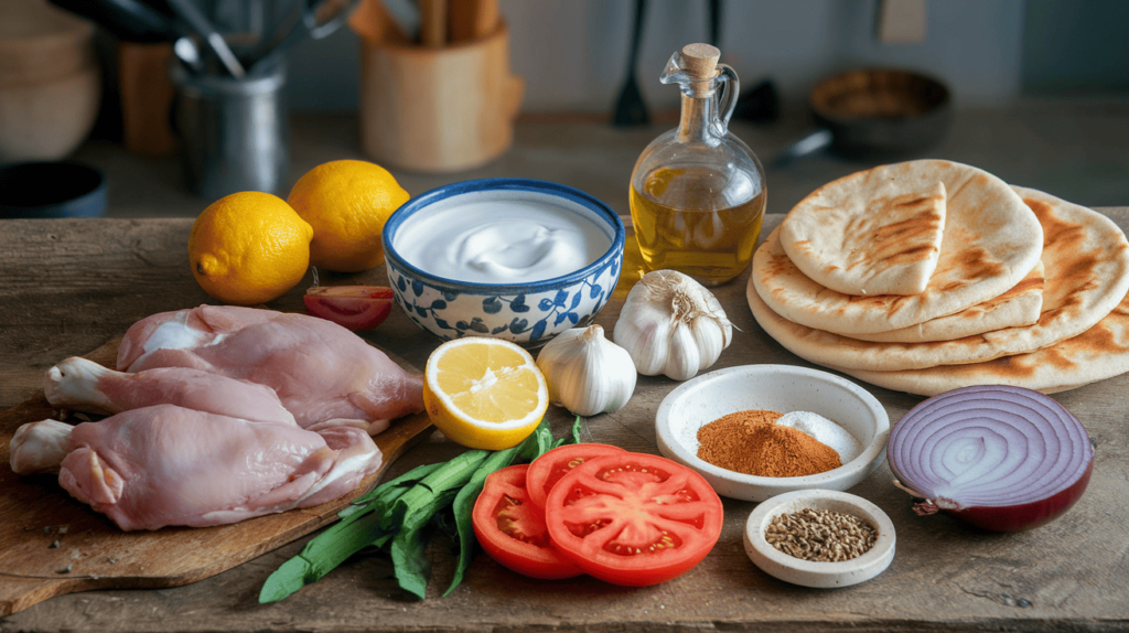 Zutaten für Hähnchengyros: Hähnchenfilet, griechischer Joghurt, Knoblauch, Zitronen, Olivenöl, Paprika, Oregano, Kreuzkümmel, Tomaten, Zwiebeln und Pita-Brot, kreativ auf einem Holztisch arrangiert.