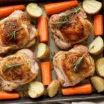 Frisch gebackene, goldbraune Hähnchenschenkel auf einem Blech mit gerösteten Kartoffeln und Karotten, garniert mit frischen Kräutern. Das Gericht ist auf einem rustikalen Holztisch angerichtet, umgeben von Gewürzen und Küchenutensilien.