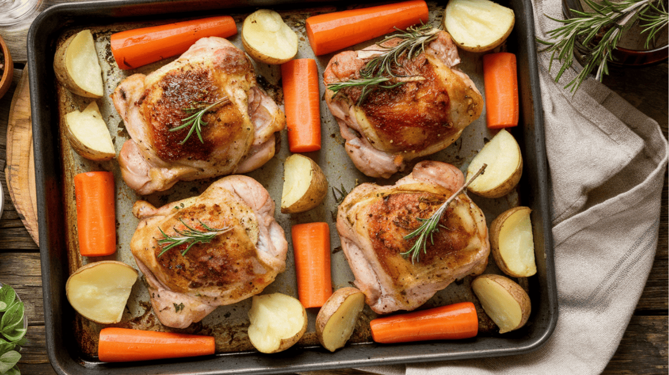 Frisch gebackene, goldbraune Hähnchenschenkel auf einem Blech mit gerösteten Kartoffeln und Karotten, garniert mit frischen Kräutern. Das Gericht ist auf einem rustikalen Holztisch angerichtet, umgeben von Gewürzen und Küchenutensilien.