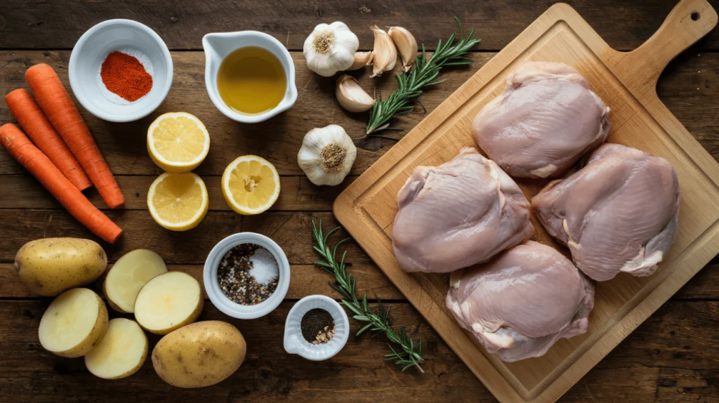 Flach gelegte Zutaten für Hähnchenschenkel: Rohe Chicken Thighs auf einem Holzbrett, Schalen mit Olivenöl, Paprika, Salz und Pfeffer, frischer Knoblauch, Zitronenhälften, Rosmarinzweige, geschnittene Karotten und Kartoffeln, arrangiert auf einem rustikalen Holztisch.