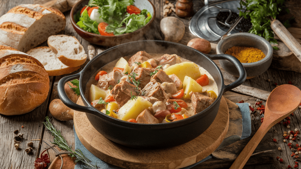 Ein dampfender Topf Wikinger Topf auf einem rustikalen Holztisch, gefüllt mit zarten Fleischstücken, Kartoffeln und buntem Gemüse in cremiger Sauce. Umgeben von frischem Brot, Salat und Kräutern als Dekoration.