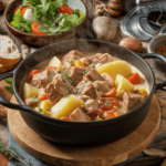 Ein dampfender Topf Wikinger Topf auf einem rustikalen Holztisch, gefüllt mit zarten Fleischstücken, Kartoffeln und buntem Gemüse in cremiger Sauce. Umgeben von frischem Brot, Salat und Kräutern als Dekoration.
